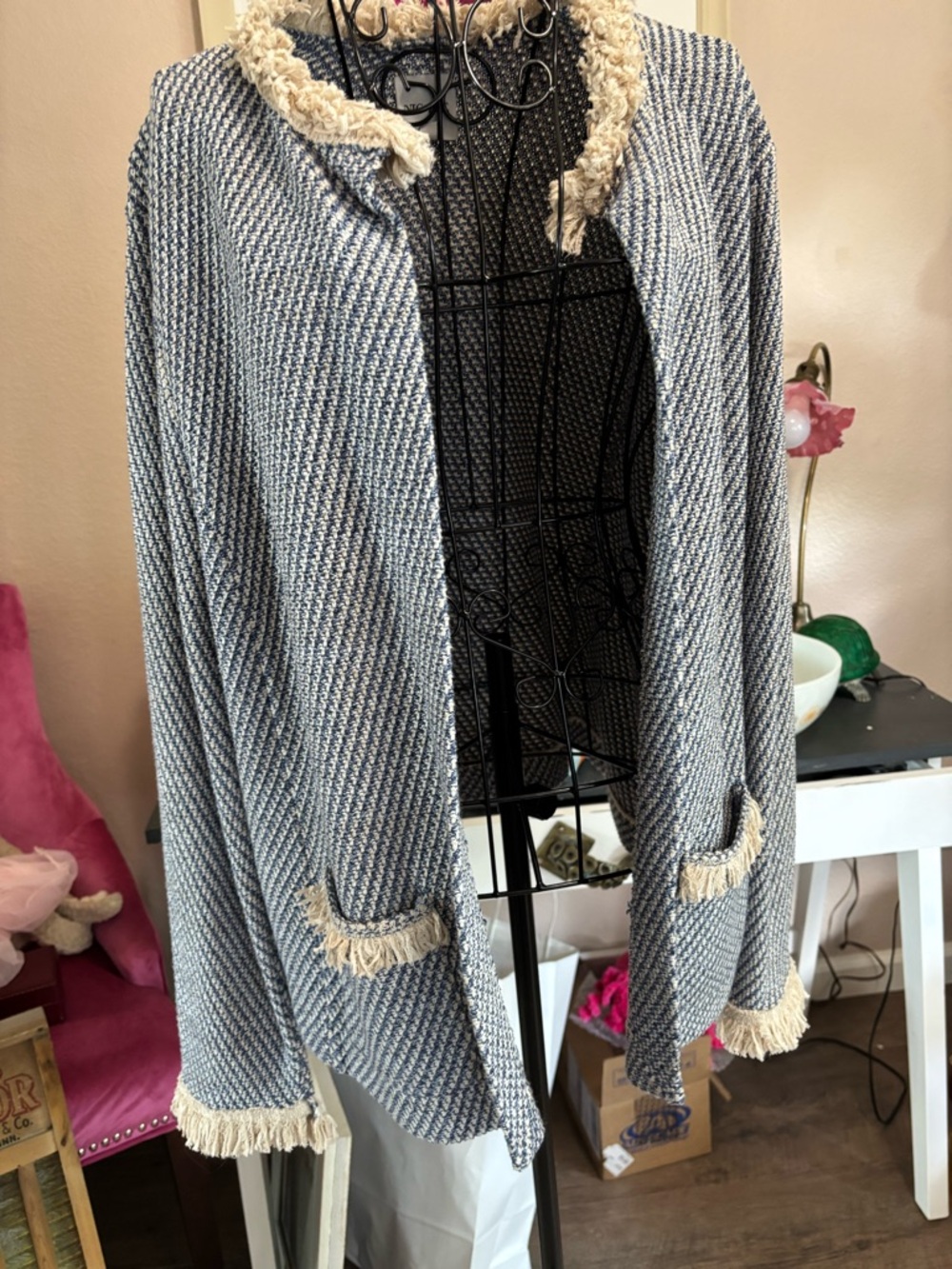 NIC+ZOE Navy and Cream Fringe Trim Open Cardigan - Picture 6 of 10